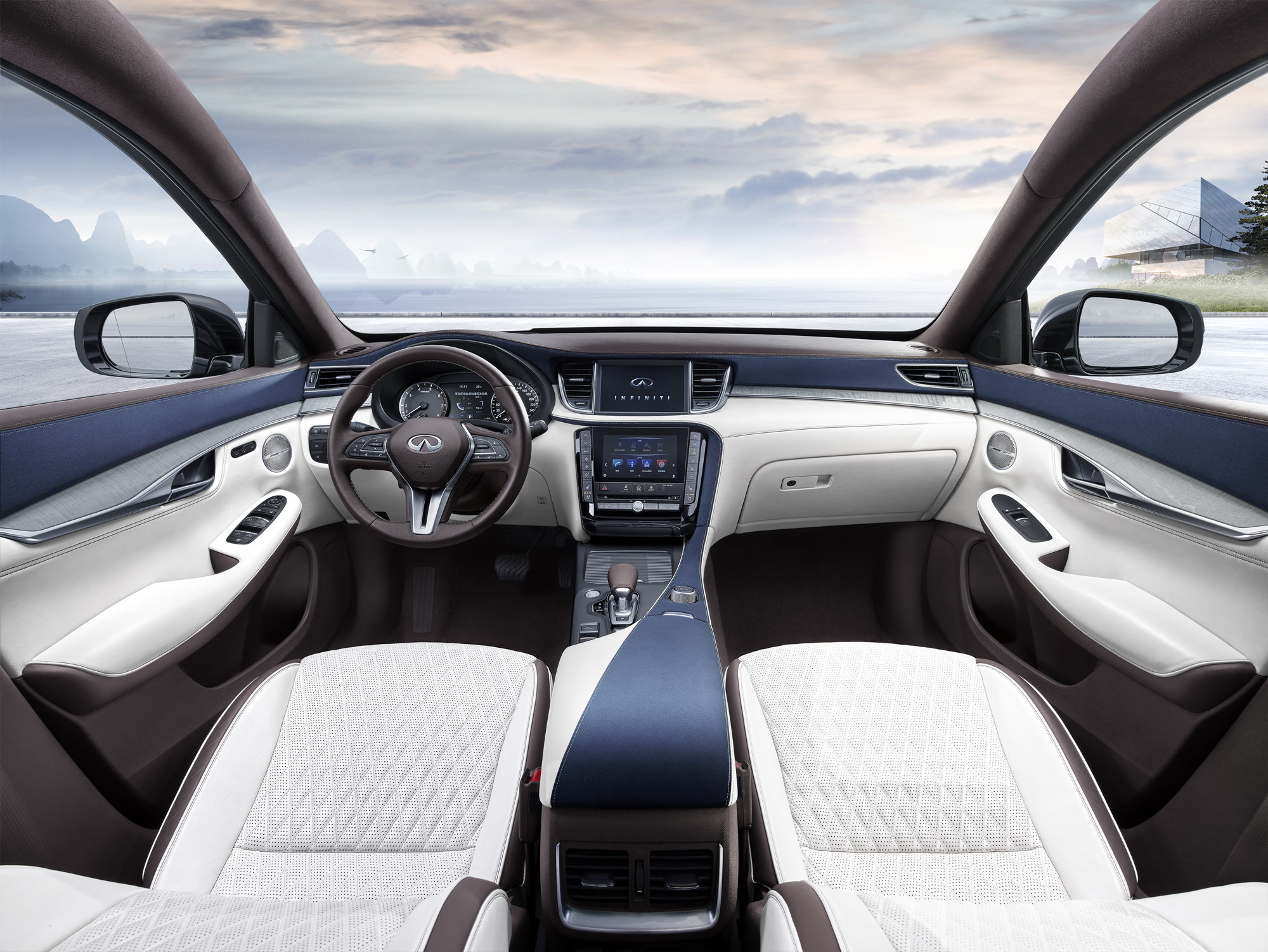 设计师将地中海风光融入全新qx50,打造出蓝白相间的圣托里尼内饰套装